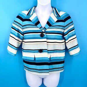 TALBOTS BLUE STRIPED CROP 3/4 SLEEVE BLAZER - 8